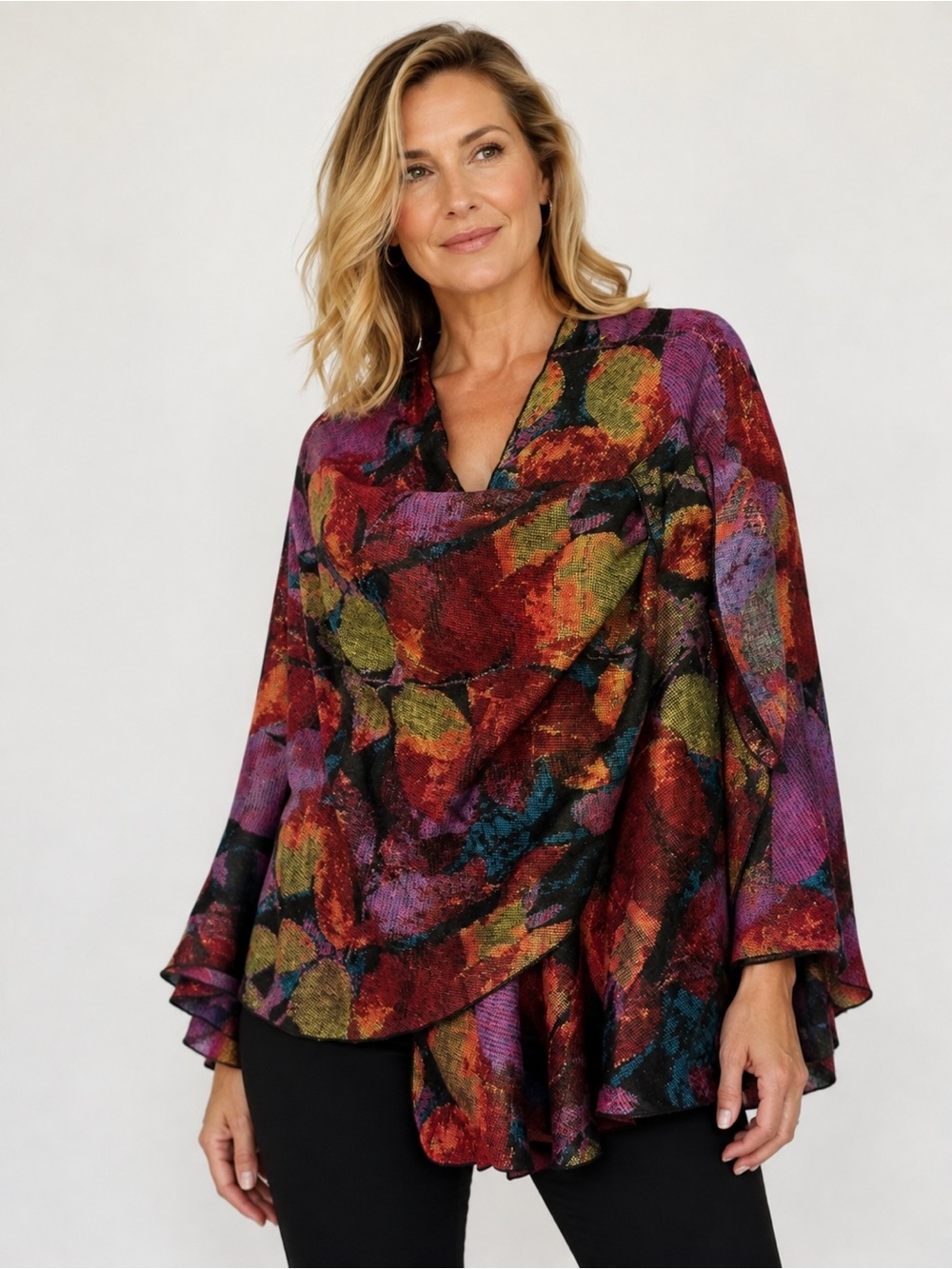 Rapti 100% Cashmere OS Open Front Shawl Wrap Multicolor Artsy Boho Abstract